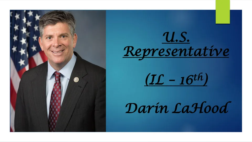 Biography presentation cover identifying Darin LaHood as U.S. representative for Illinois’ 16th District