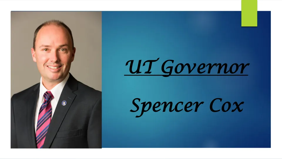 Cover slide of the Spencer Cox biography, featuring his portrait and the title 'UT Governor Spencer Cox'