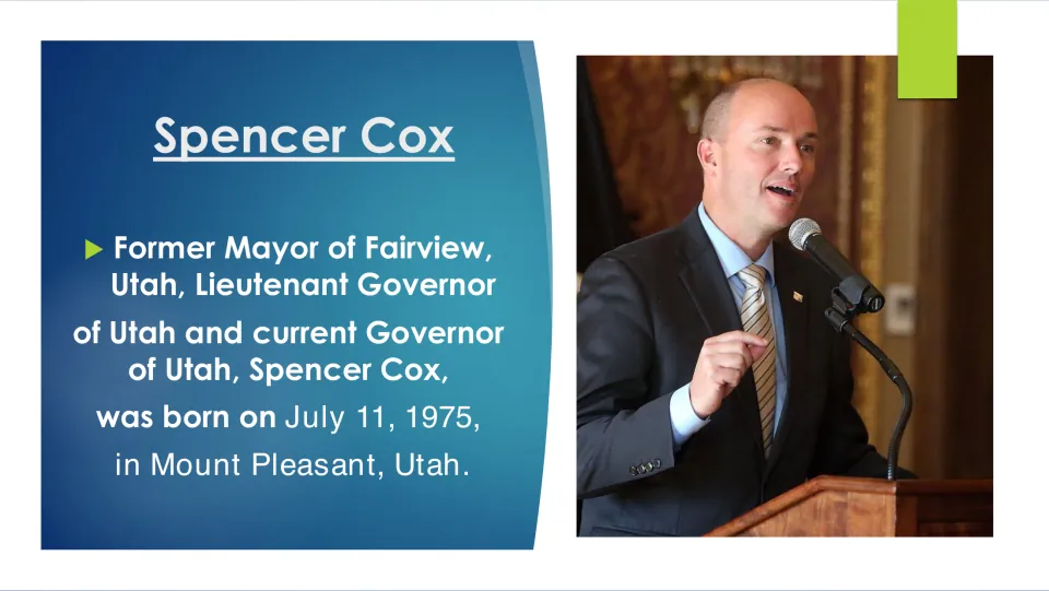 Biography slide introducing Cox's mayor and governor roles and his July 11, 1975, birth in Mount Pleasant