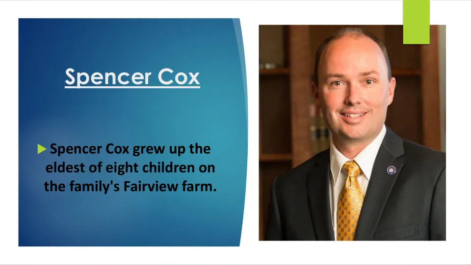 Biography slide stating Spencer Cox grew up as the eldest of eight children on his family's Fairview farm