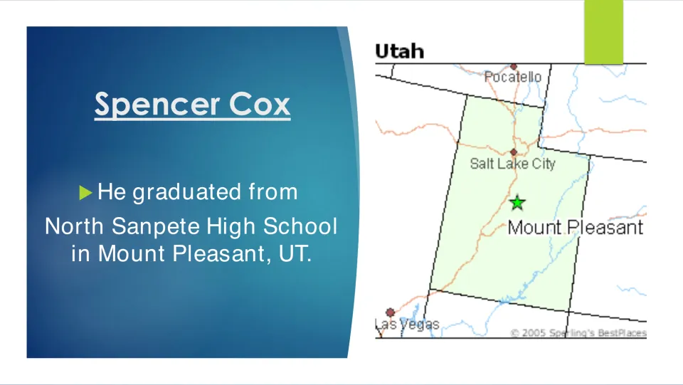 Biography slide on Cox's graduation from North Sanpete High School, with a Utah map marking Mount Pleasant