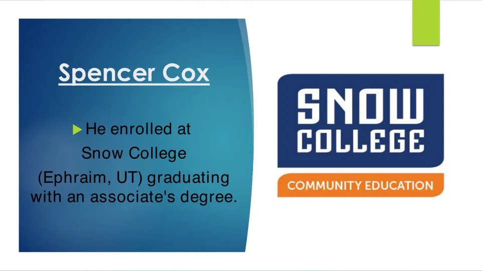Biography slide about Cox earning an associate's degree at Snow College in Ephraim, Utah, with its logo