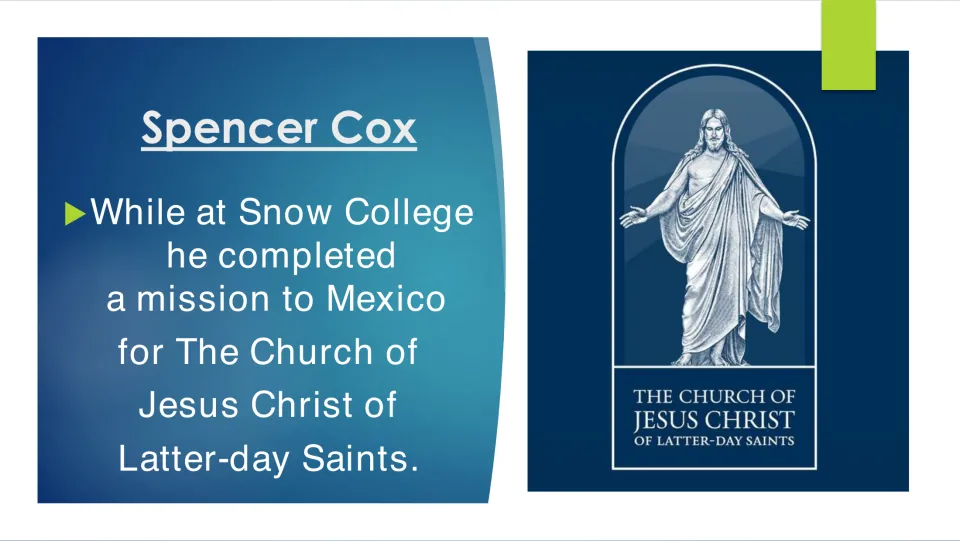 Biography slide on Cox's mission to Mexico for The Church of Jesus Christ of Latter-day Saints during college