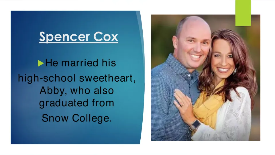 Biography slide on Cox marrying his high school sweetheart Abby, also a Snow College graduate, with their photo