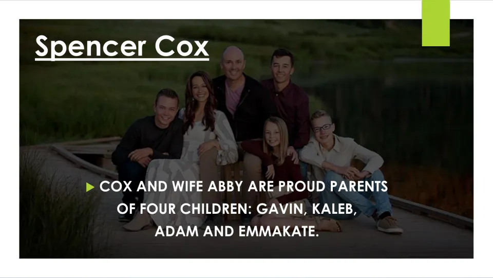 Biography slide featuring a family photo and naming Cox and Abby's four children: Gavin, Kaleb, Adam and Emmakate