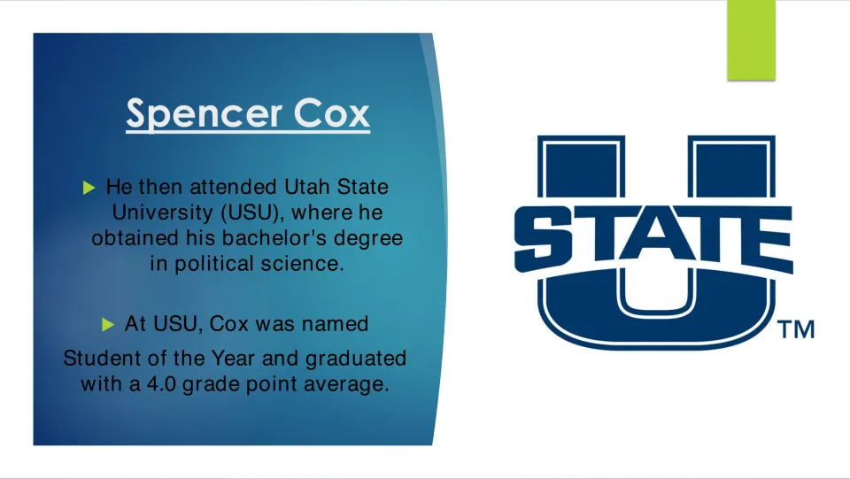 Biography slide on Cox's Utah State political science degree, Student of the Year honor and 4.0 GPA
