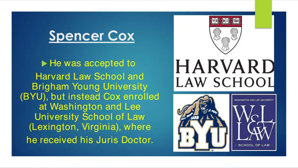 Biography slide on Cox's Harvard and BYU acceptances and his Juris Doctor from Washington and Lee University