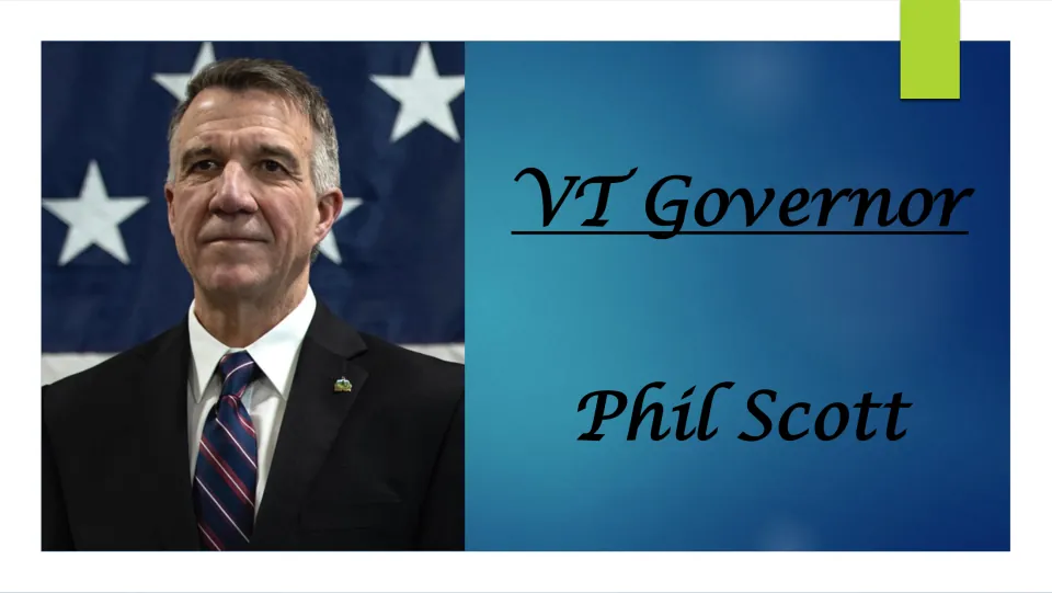 Biography presentation cover introducing Vermont Governor Phil Scott, with his name and a portrait