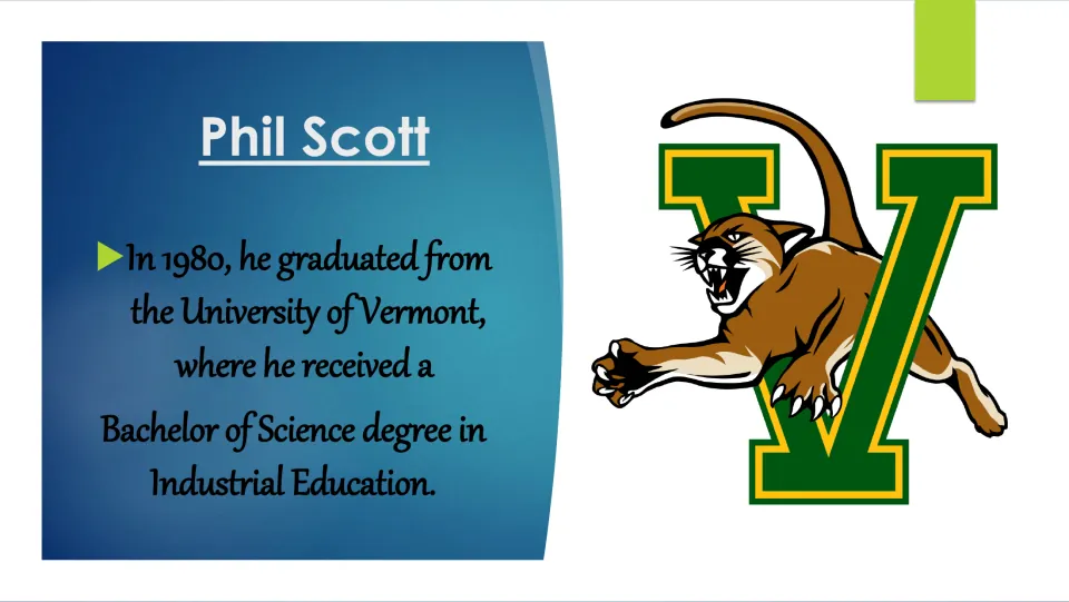 Education slide describing Phil Scott's 1980 University of Vermont Bachelor of Science in Industrial Education