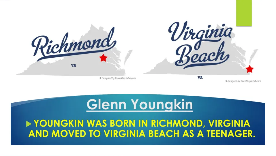 Early-life biography slide stating Youngkin was born in Richmond and moved to Virginia Beach as a teenager