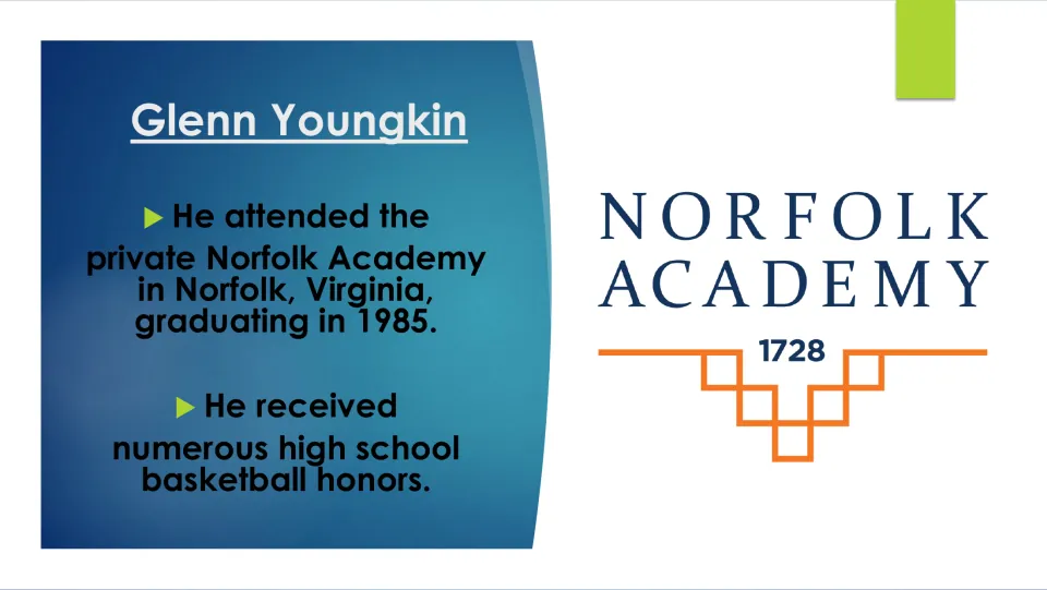 Education slide covering Youngkin’s 1985 graduation from Norfolk Academy and high school basketball honors