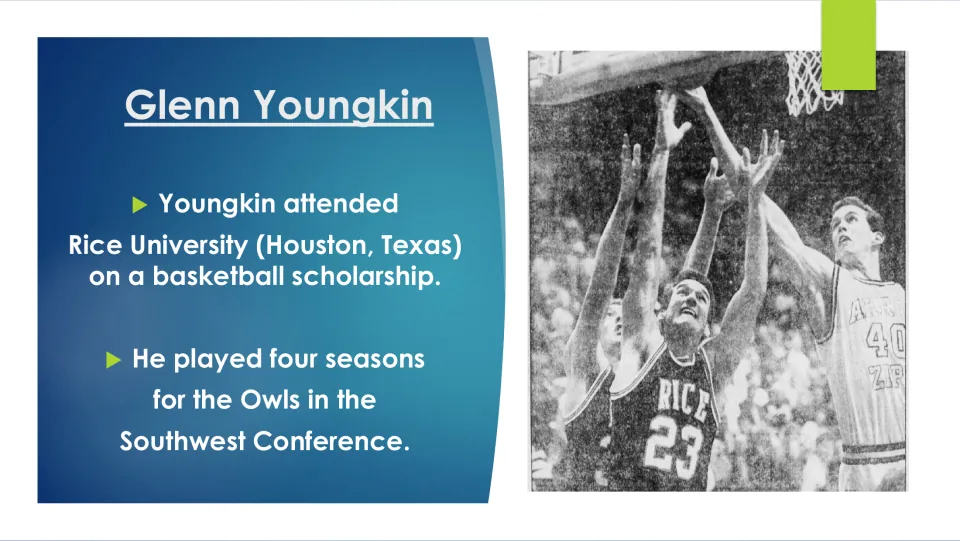 College biography slide on Youngkin’s Rice University basketball scholarship and four seasons with the Owls