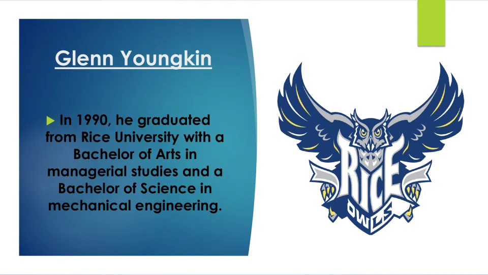 Education slide listing Youngkin’s 1990 Rice degrees in managerial studies and mechanical engineering