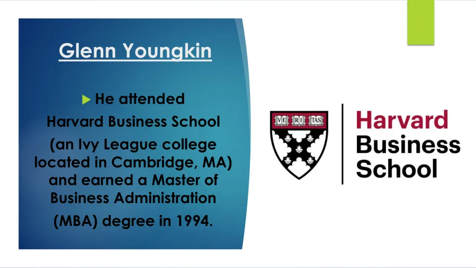 Graduate education slide stating Youngkin earned his Master of Business Administration at Harvard in 1994