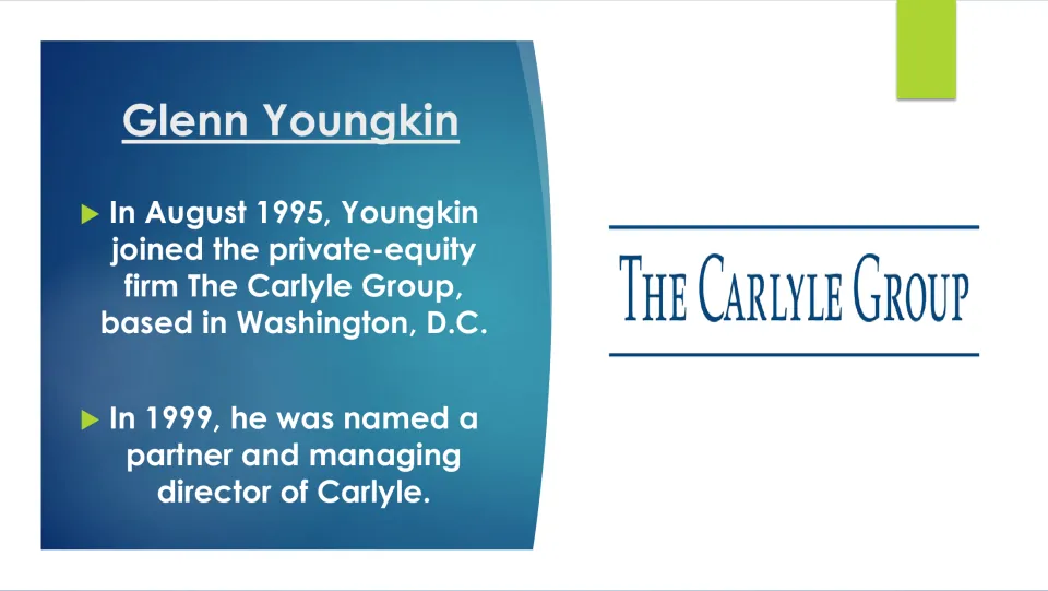 Career slide on Youngkin joining Carlyle in August 1995 and becoming a partner and managing director in 1999