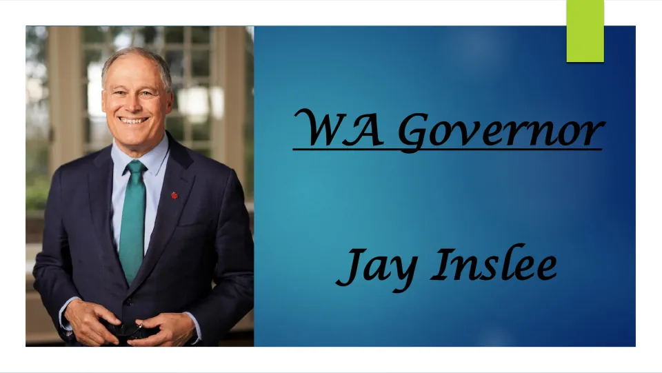 Biography presentation cover introducing Jay Inslee with his portrait and the heading “WA Governor”