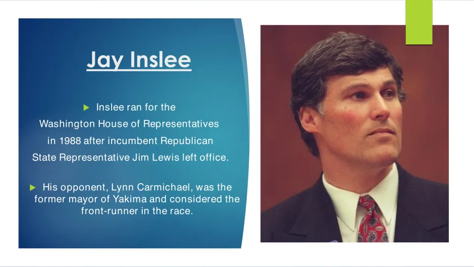 Biography slide on Inslee’s 1988 Washington House race against Lynn Carmichael after Jim Lewis left office