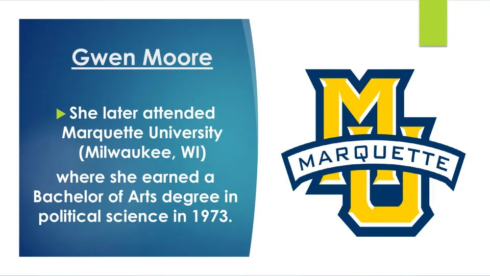 Biography slide on Gwen Moore earning a Bachelor of Arts in political science at Marquette University in 1973