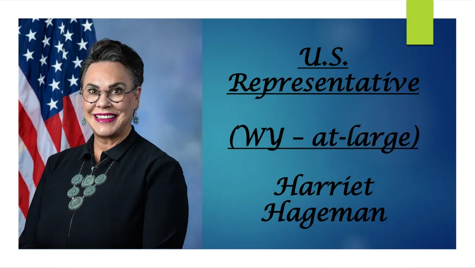 Biography presentation cover identifying Harriet Hageman as Wyoming’s at-large U.S. representative, with her portrait
