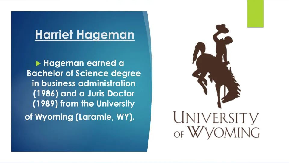Biography slide listing Hageman’s University of Wyoming degrees: business administration BS, 1986, and JD, 1989