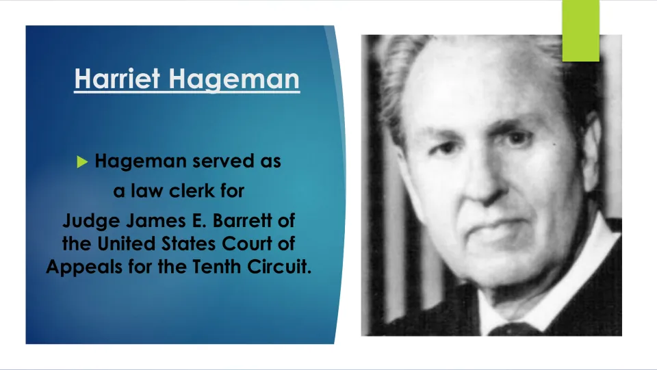 Biography slide describing Hageman’s law clerk service for Judge James E. Barrett of the Tenth Circuit