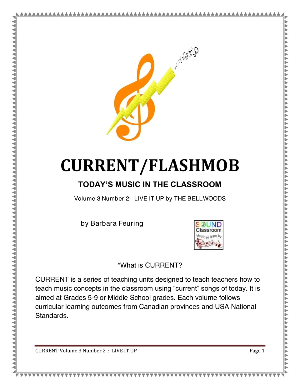 Music unit cover naming “Live It Up” by the Bellwoods, author Barbara Feuring, and grades 5–9 as its audience