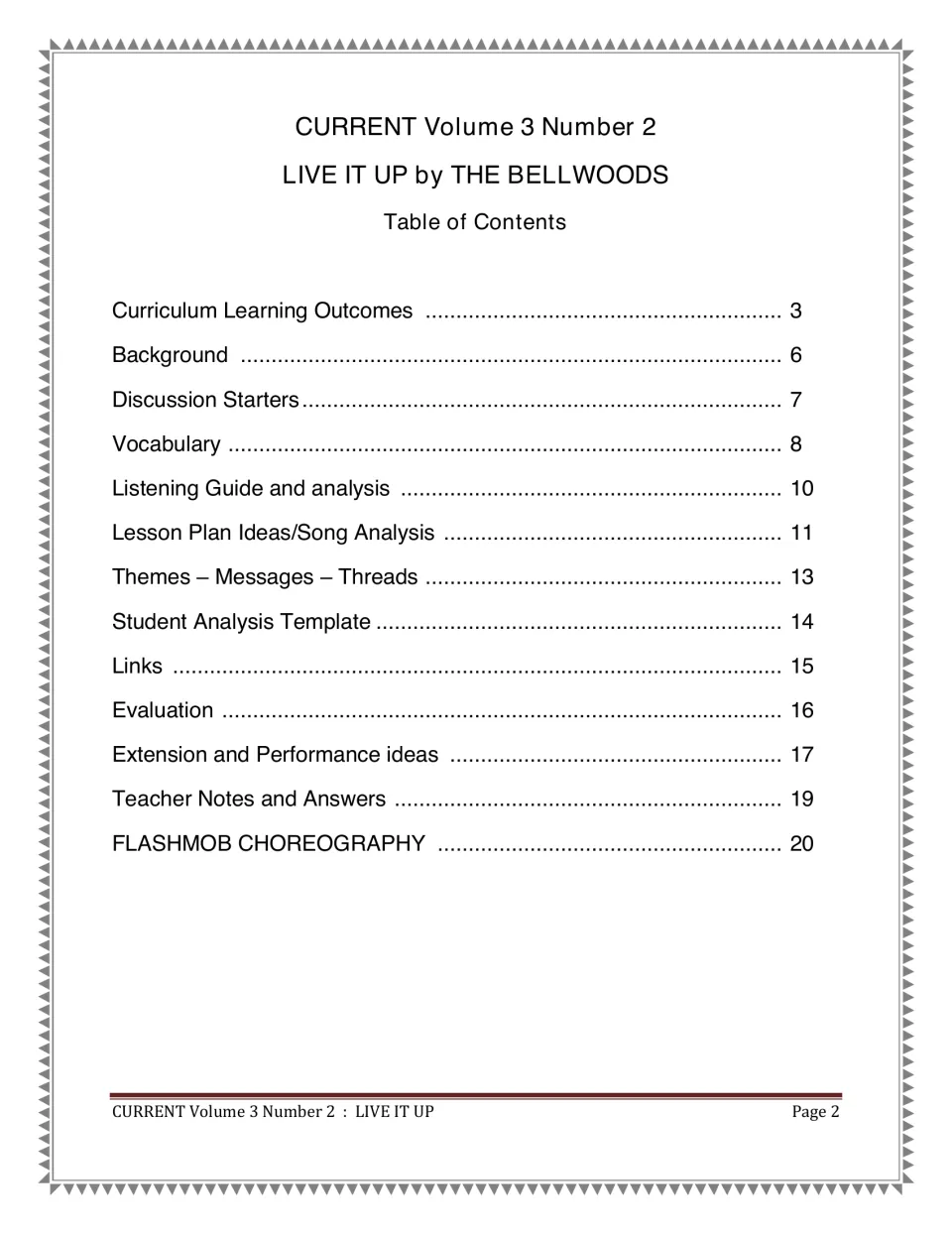 Music unit contents listing vocabulary, listening guide, song analysis, evaluation, and flashmob choreography