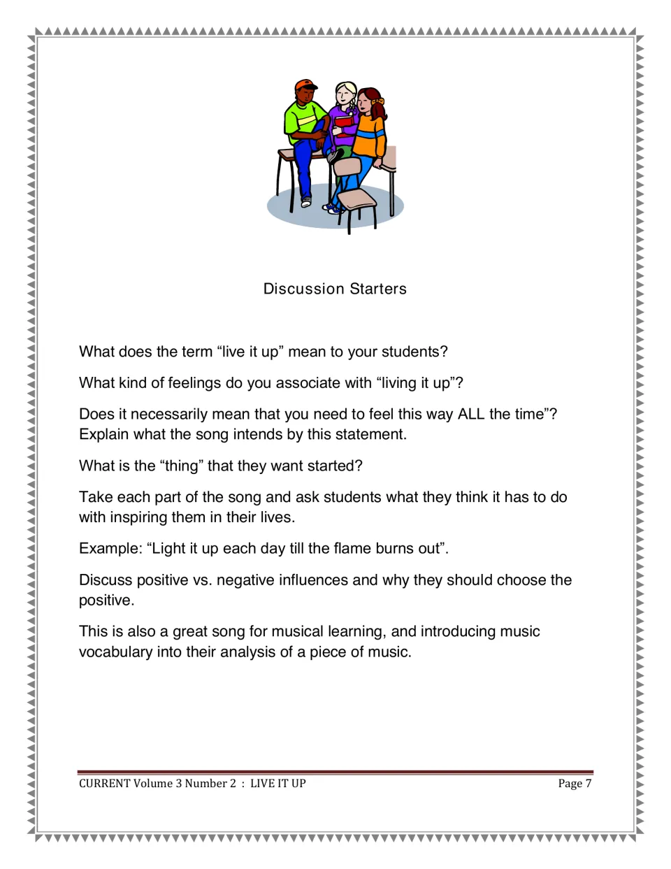 Discussion starters ask what “live it up” means and connect the song to feelings and positive influences