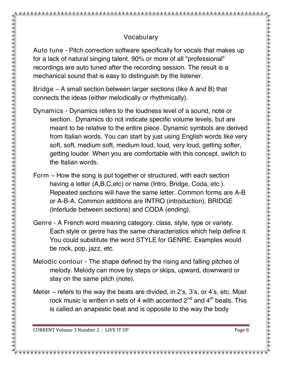Music vocabulary defines auto tune, bridge, dynamics, form, genre, and melodic contour, then introduces meter