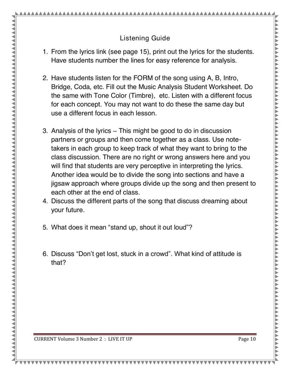 Listening guide gives six steps for numbering lyrics, identifying song form, and discussing meaning in groups