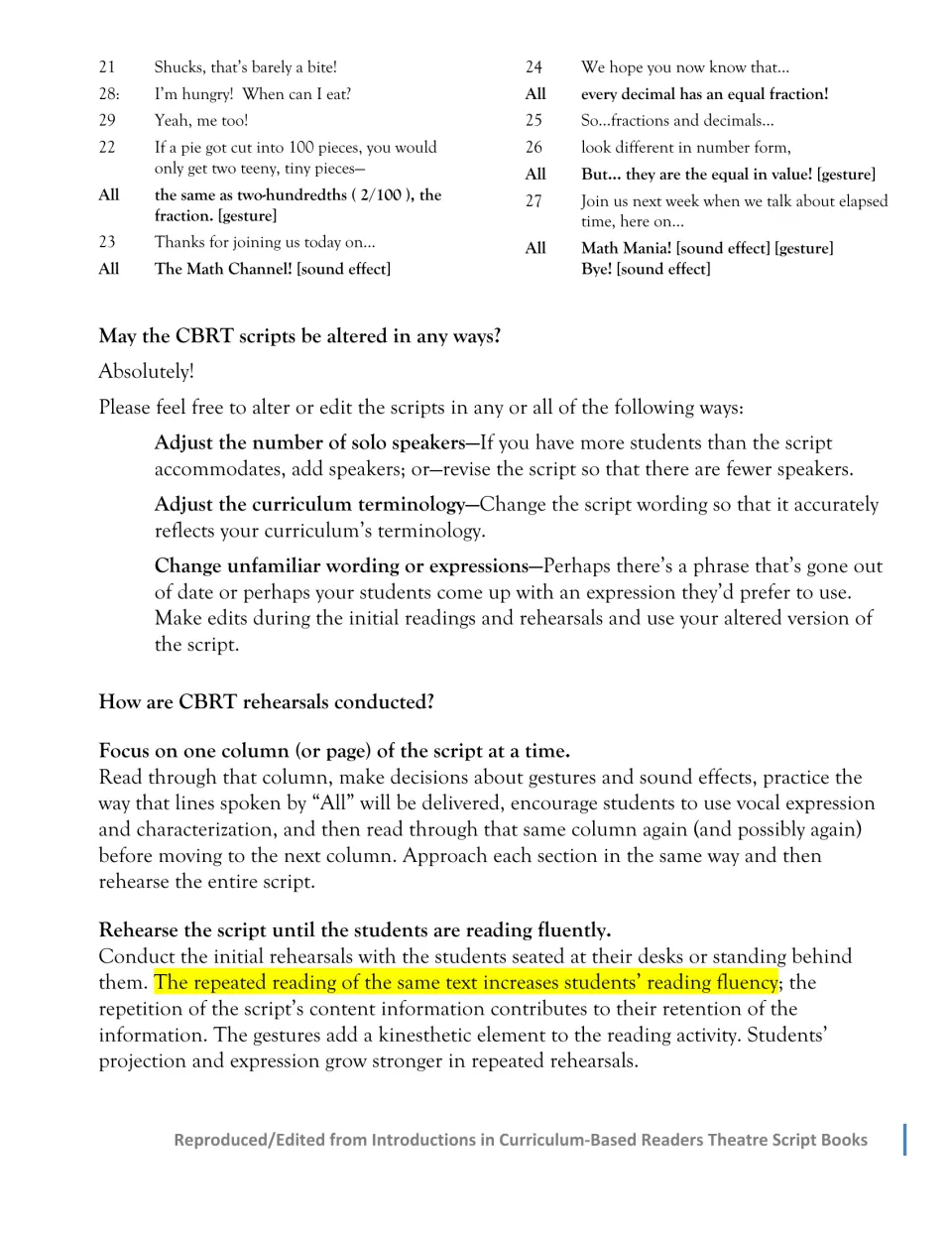 Sample script conclusion comparing 0.02 and 2/100, followed by guidance on adapting scripts and rehearsing