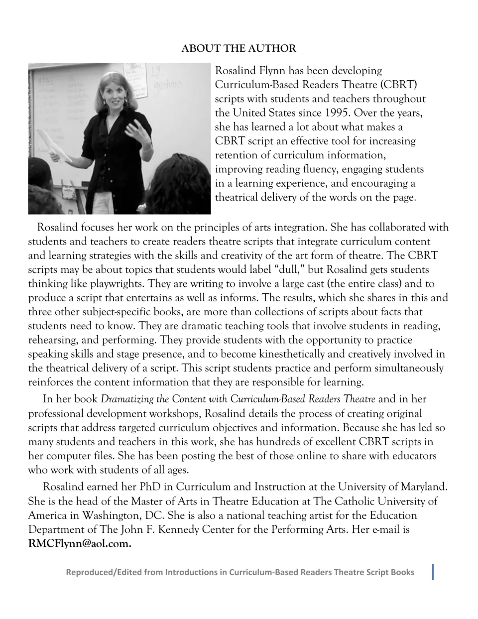 Author biography describing Rosalind Flynn's CBRT work since 1995, arts integration, and theatre education
