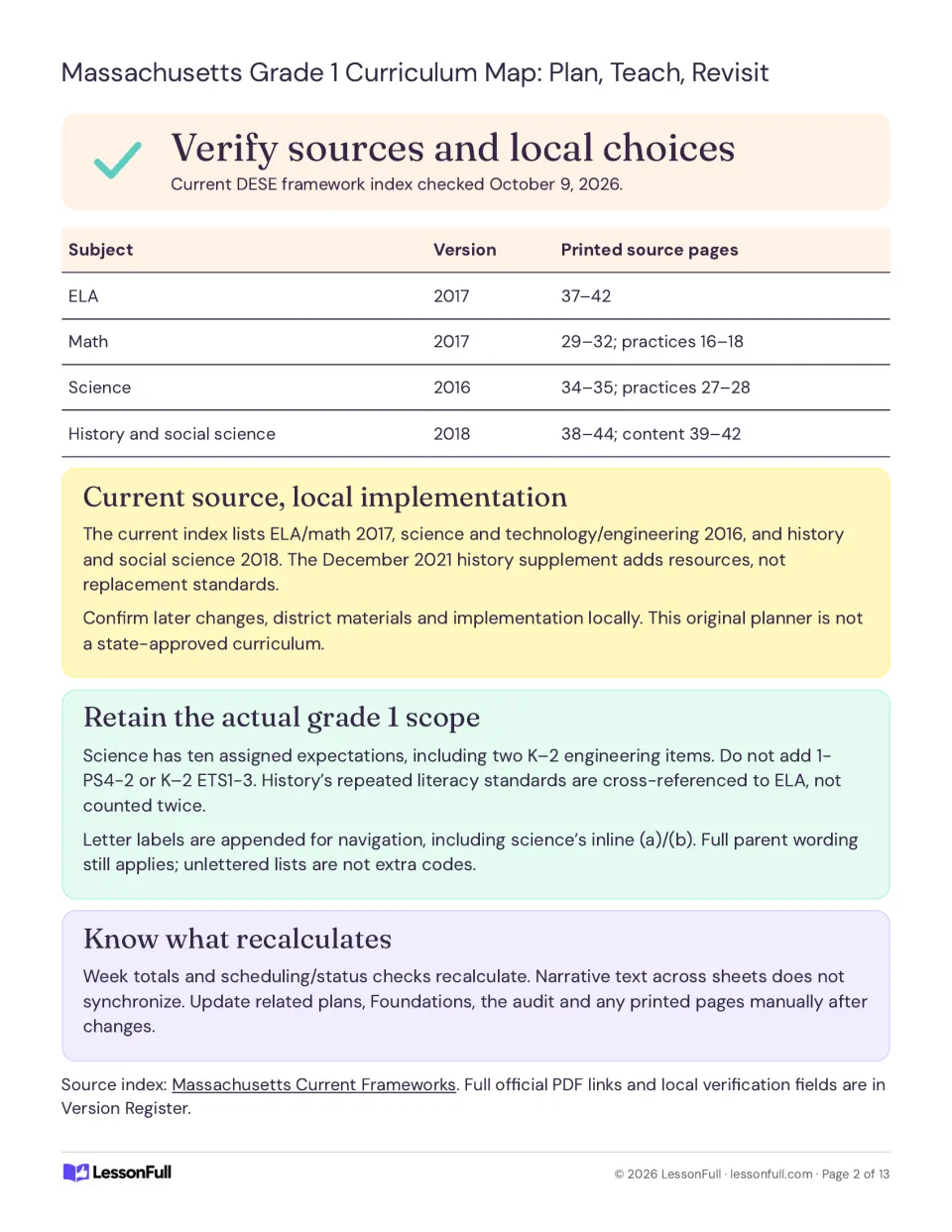 Curriculum planner source guide listing framework versions, printed source pages, and workbook update rules