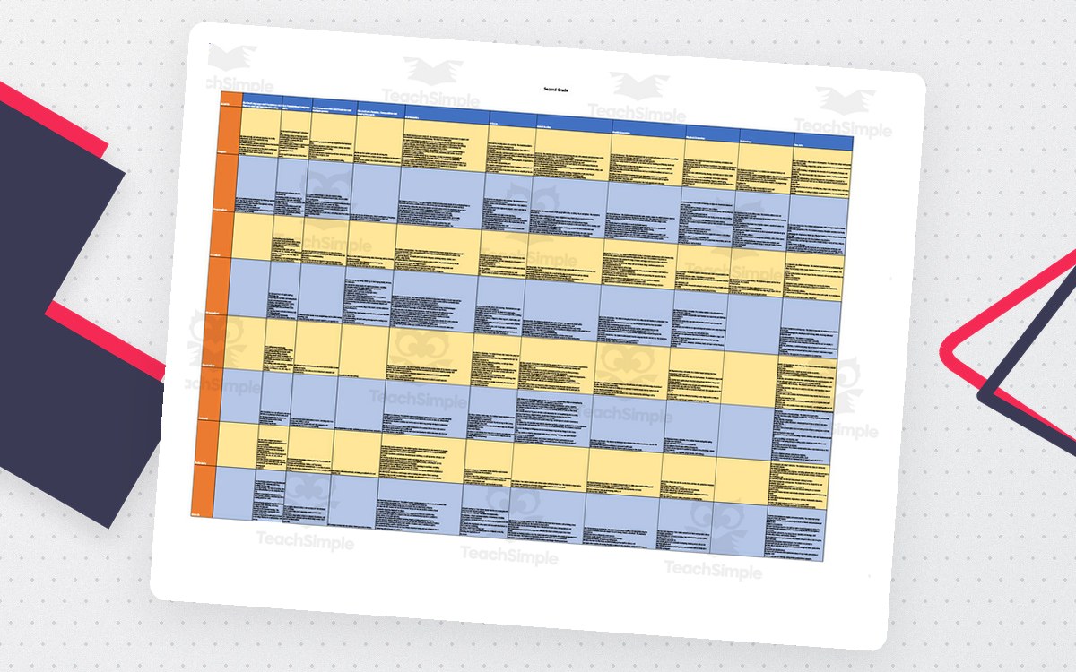 Second Grade Texas curriculum-map spreadsheet preview with color-coded monthly rows and subject columns.