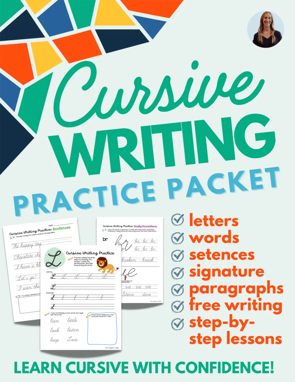 Cursive Writing Practice Packet cover listing letters, words, sentences, signature, paragraphs and free writing