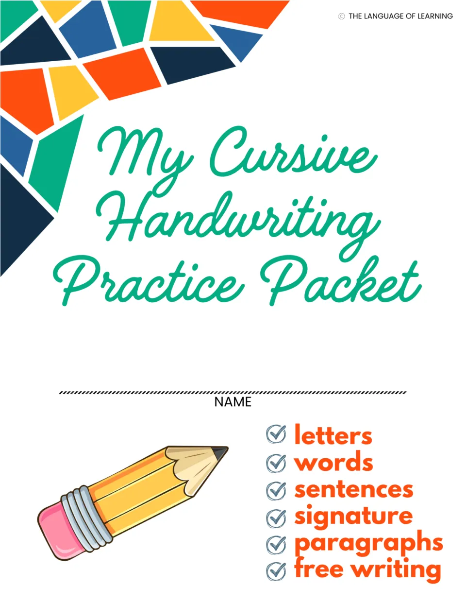 My Cursive Handwriting Practice Packet student cover with a spot for the student's name and a checklist of sections