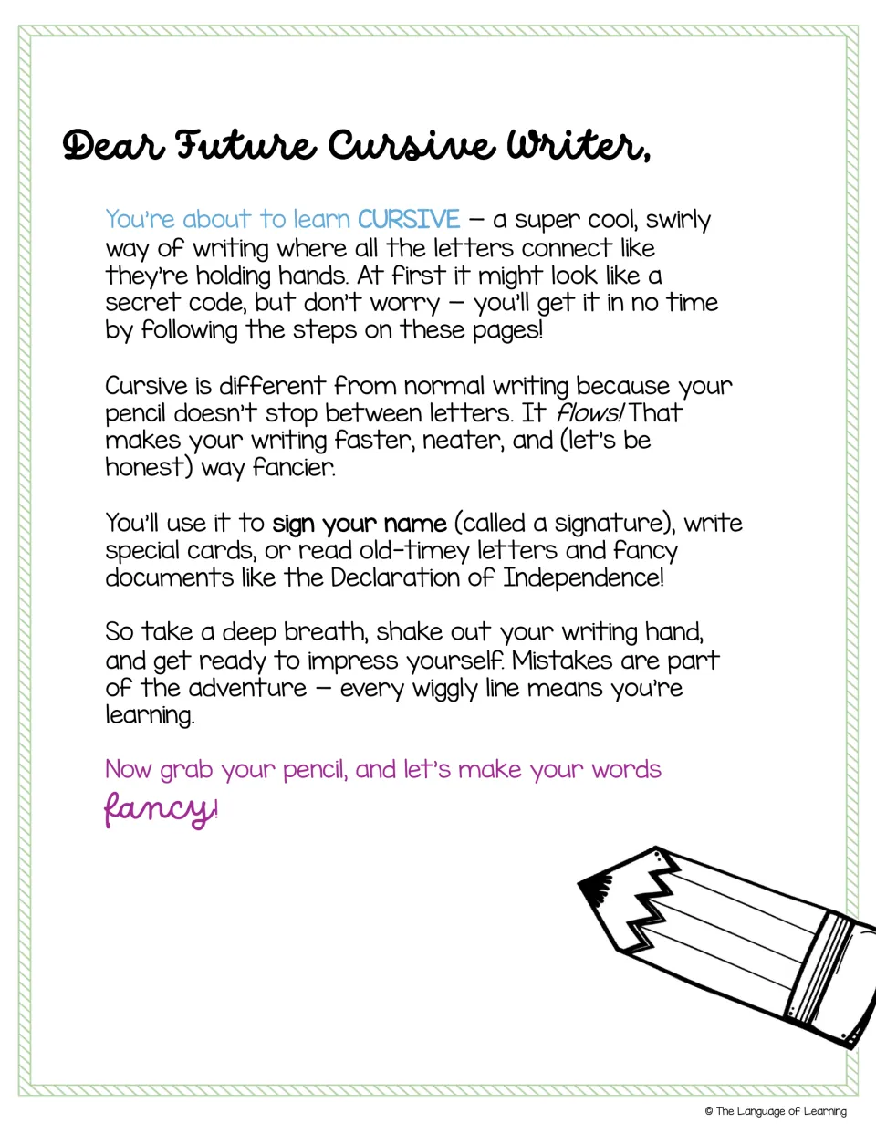 Dear Future Cursive Writer letter introducing cursive as connected, flowing letters used for signatures and old documents
