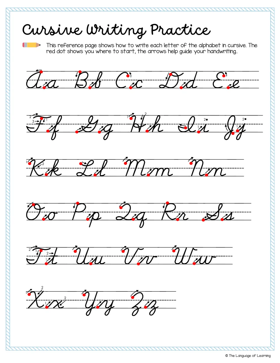 Cursive alphabet reference showing upper and lowercase A to Z with red starting dots and arrows guiding letter formation