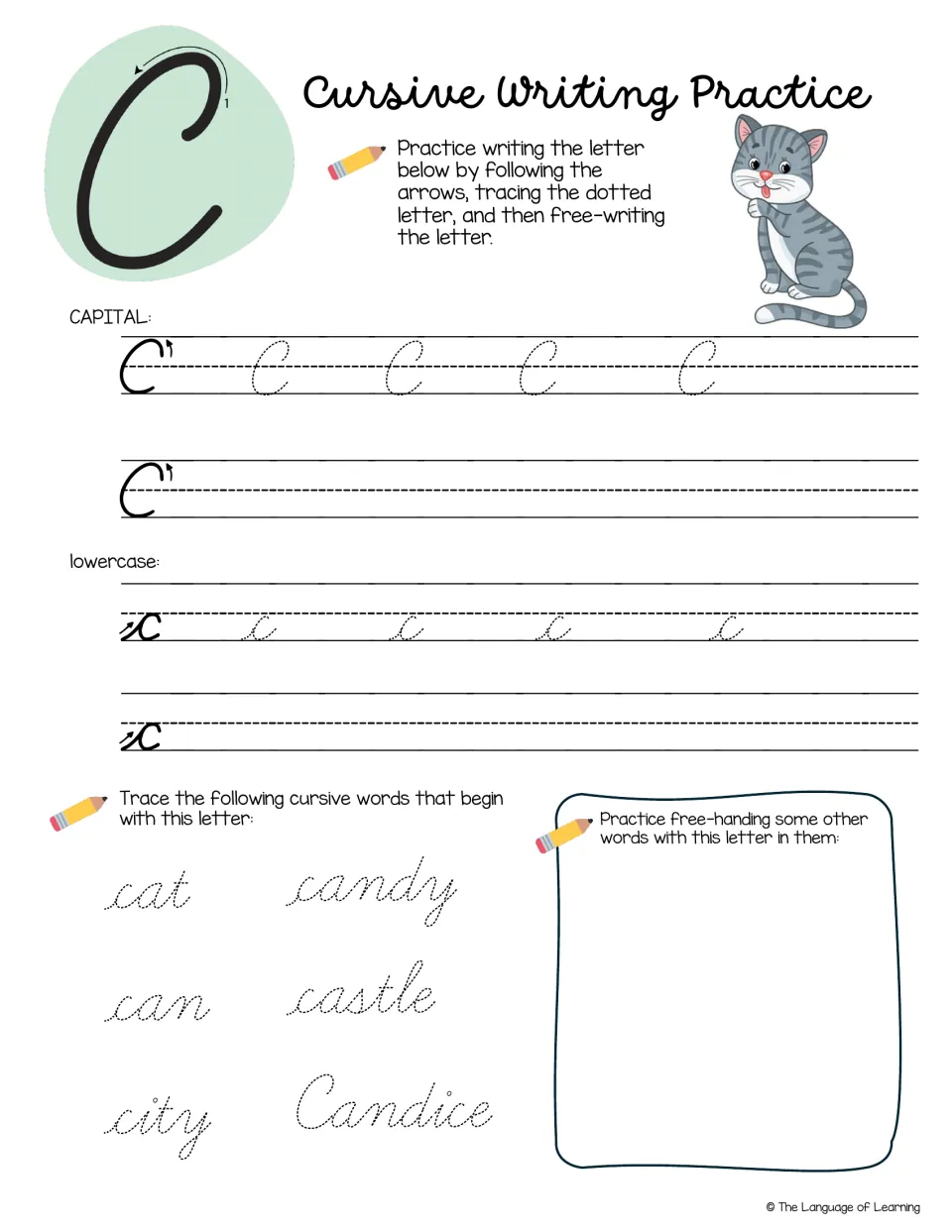 Cursive letter C: students trace and free-write C and c, then trace cat, can, city, candy, castle, Candice and add own words