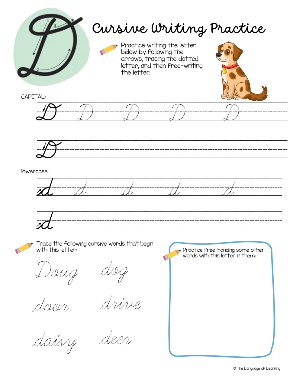 Cursive letter D: students trace and free-write D and d, then trace Doug, door, daisy, dog, drive, deer and add own d words