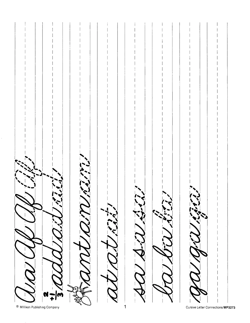 Letter A joins: students trace and copy Aa, Af, add, ant, at, sa, ba and ga, linking letters before and after a