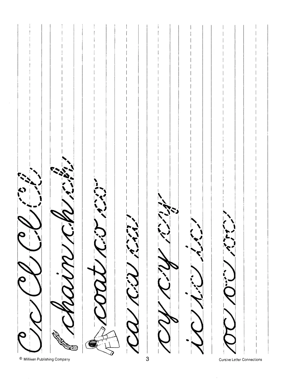 Letter C joins: students trace and copy Cc, Cl, chain, coat, ca, cy, ic and oc, joining c to letters before and after