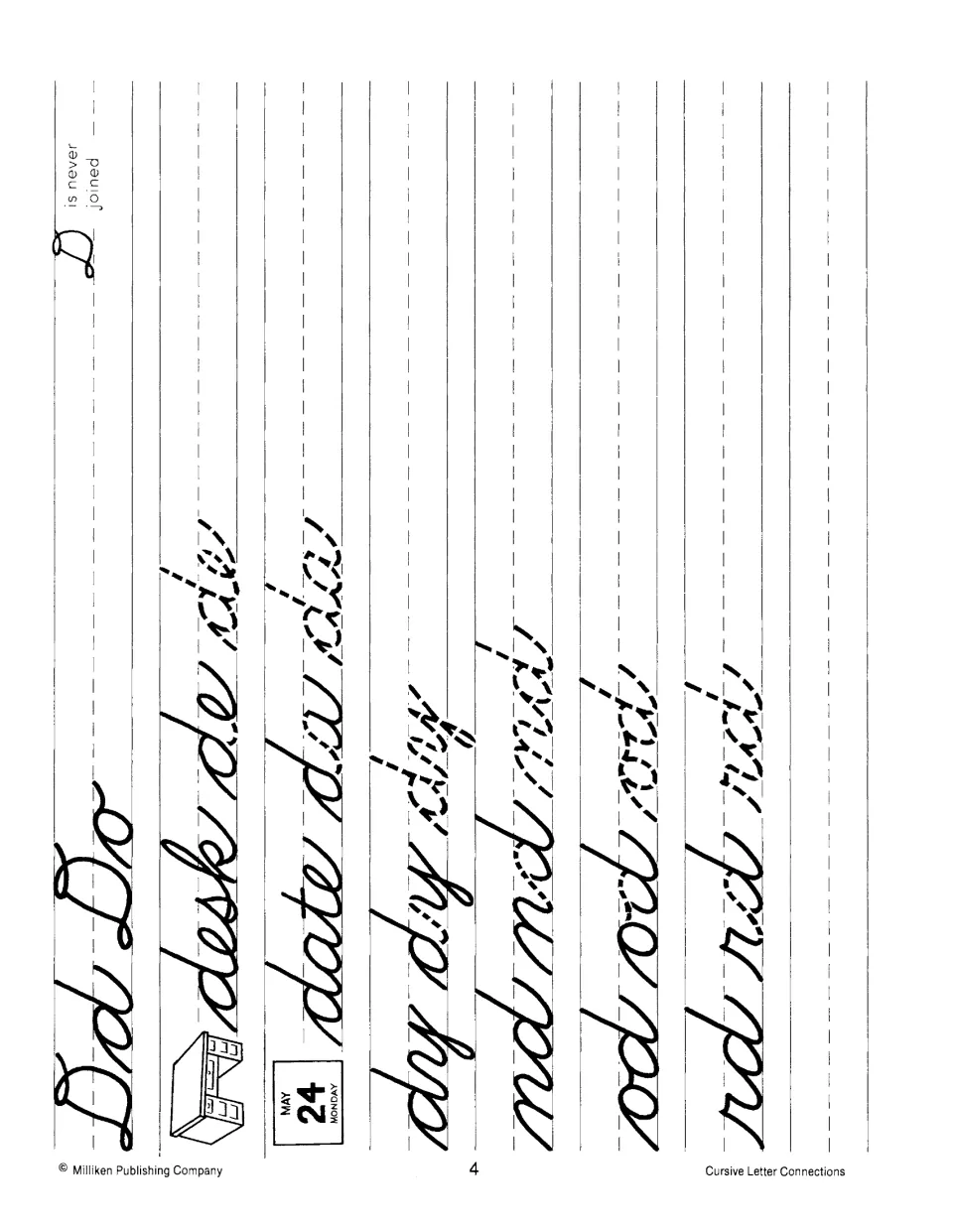 Letter D joins: students trace Dd, Do, desk, date, dy, md, od and rd; a note says capital D is never joined