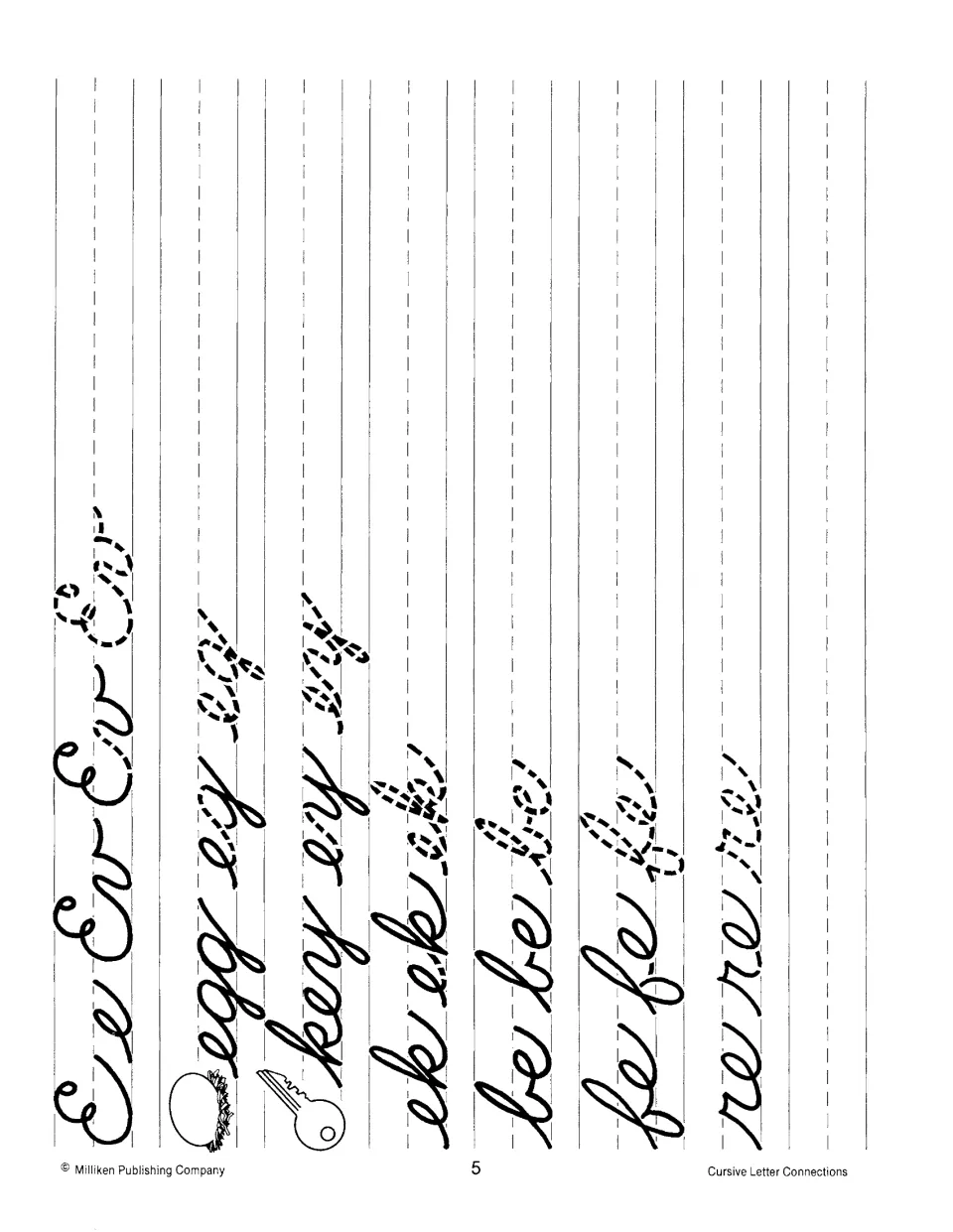 Letter E joins: students trace and copy Ee, Er, egg, key, ek, be, fe and re, connecting e after b, f, k and r