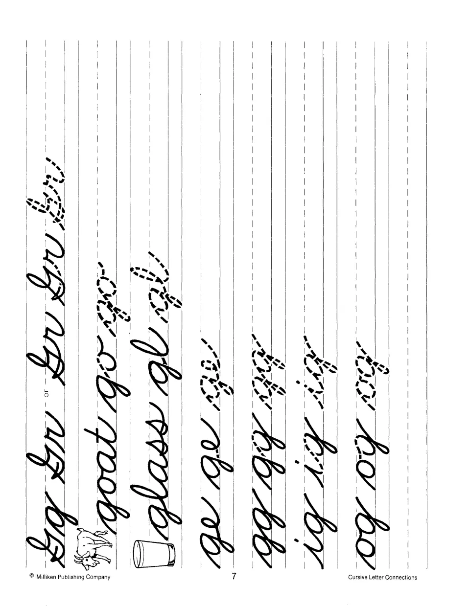 Letter G joins: students trace and copy Gg, Gr, goat, glass, ge, gg, ig and og, showing two forms of capital G
