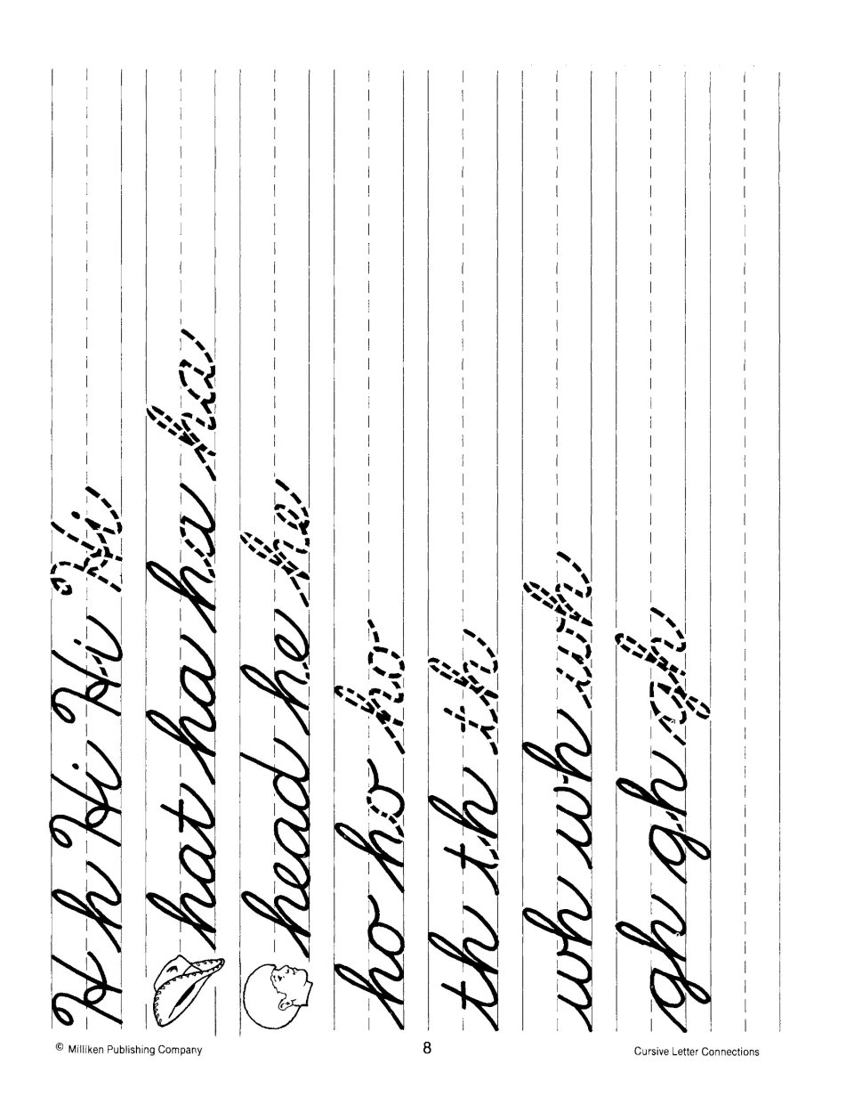 Letter H joins: students trace and copy Hh, Hi, hat, head, ho, th, wh and gh, linking h to letters before and after