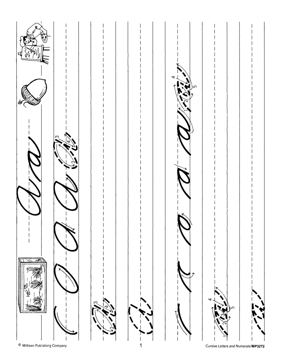 Cursive Aa practice: students trace numbered stroke patterns for capital and small a, then write them on dashed lines
