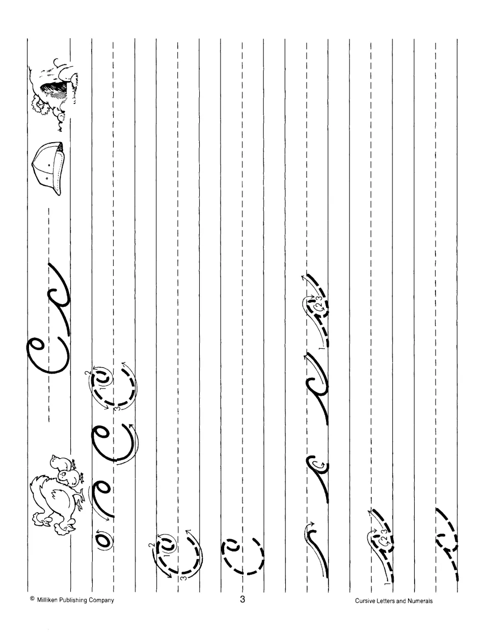 Cursive Cc letter formation: stroke-by-stroke arrows for capital and small c, dashed letters to trace, chicken and cap
