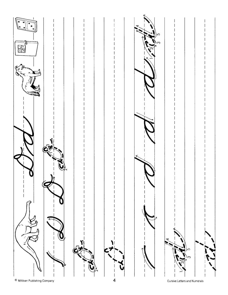 Cursive Dd practice: numbered strokes show how to loop capital D and form small d; students trace and copy each letter