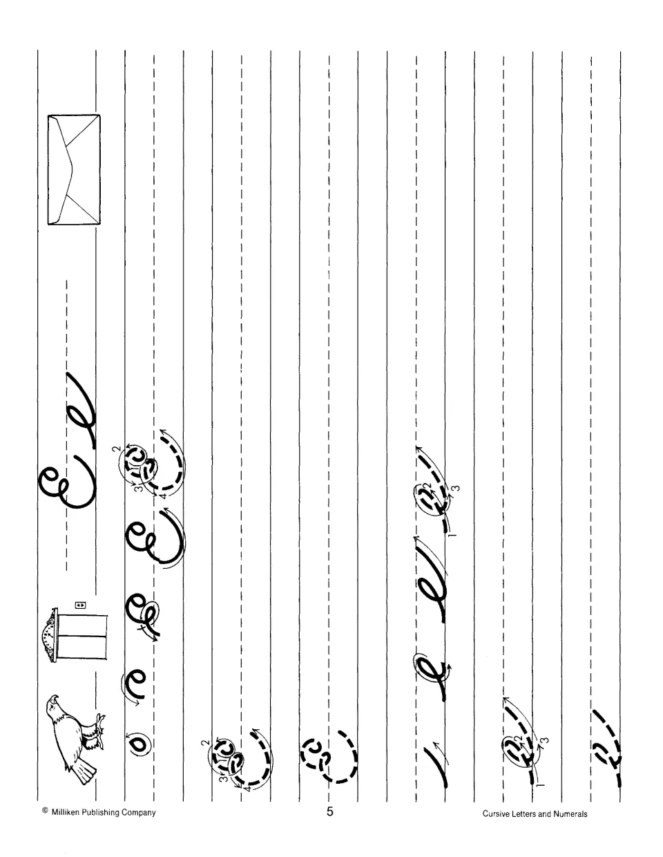 Cursive Ee formation: arrows and stroke numbers guide capital E and small e, with an eagle and envelope as picture cues